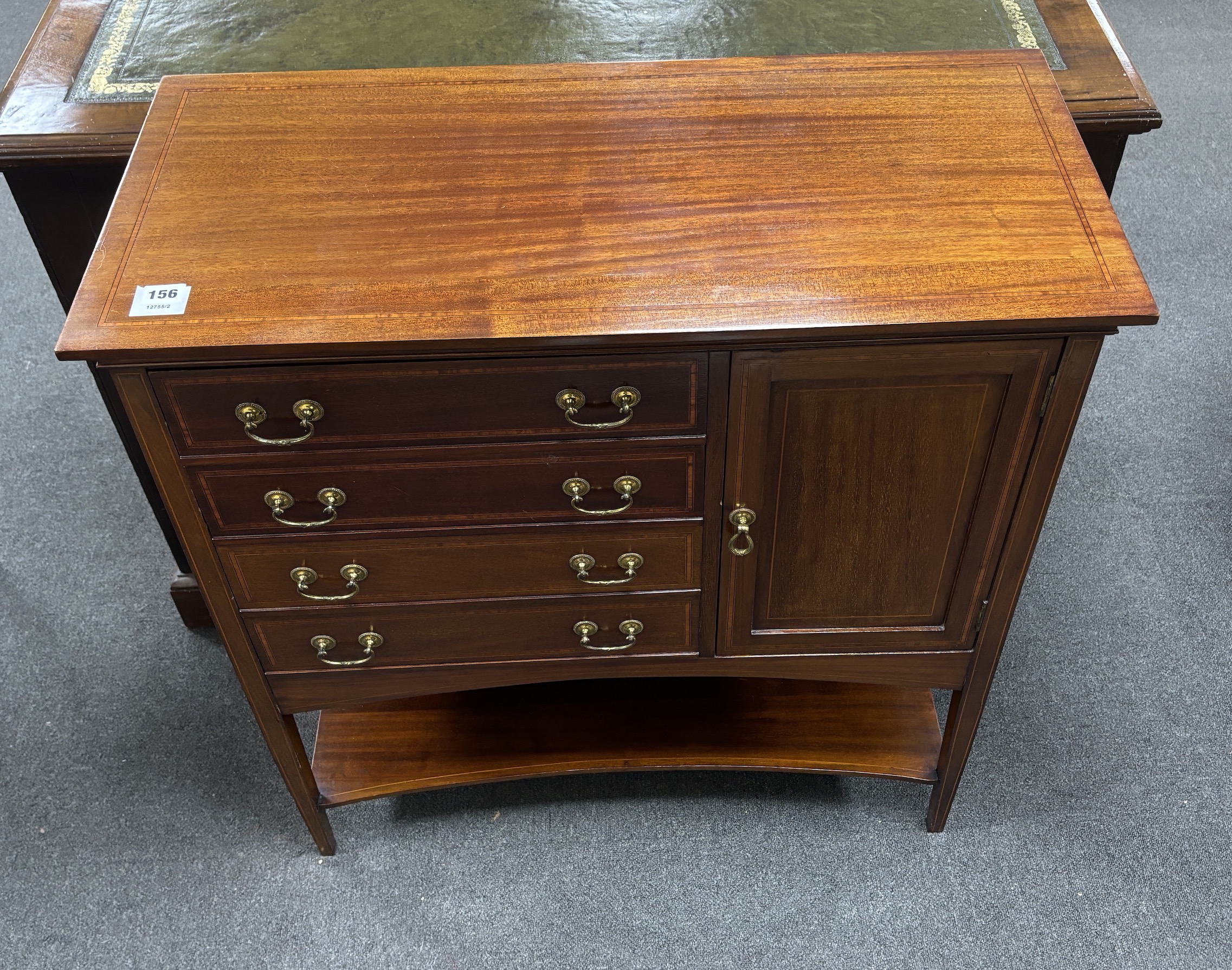 An Edwardian satinwood banded mahogany music cabinet, width 80cm, depth 37cm, height 84cm